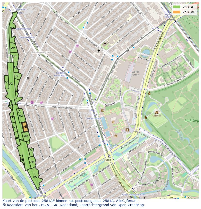 Afbeelding van het postcodegebied 2581 AE op de kaart.