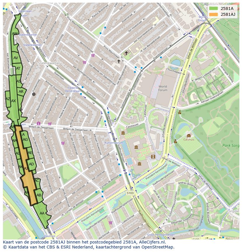 Afbeelding van het postcodegebied 2581 AJ op de kaart.