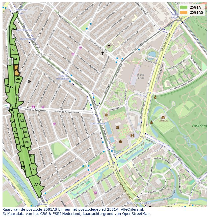Afbeelding van het postcodegebied 2581 AS op de kaart.