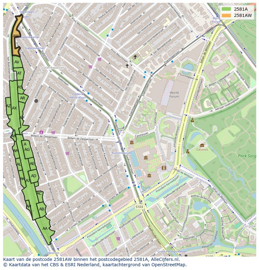 Afbeelding van het postcodegebied 2581 AW op de kaart.