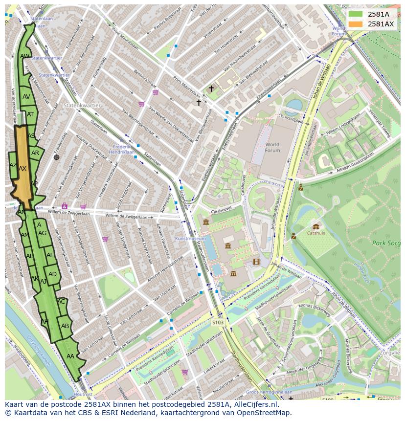 Afbeelding van het postcodegebied 2581 AX op de kaart.