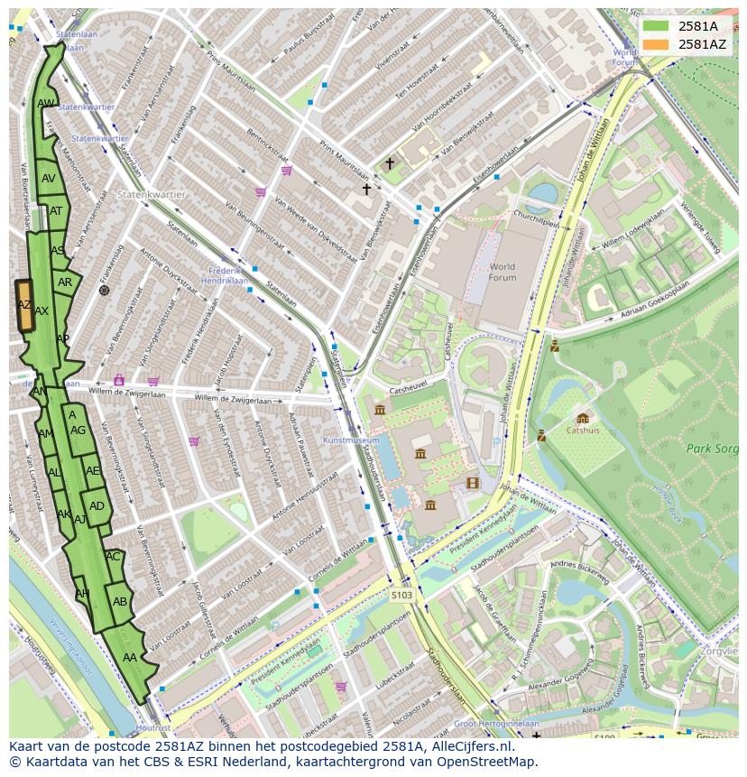 Afbeelding van het postcodegebied 2581 AZ op de kaart.
