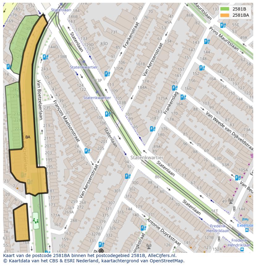 Afbeelding van het postcodegebied 2581 BA op de kaart.