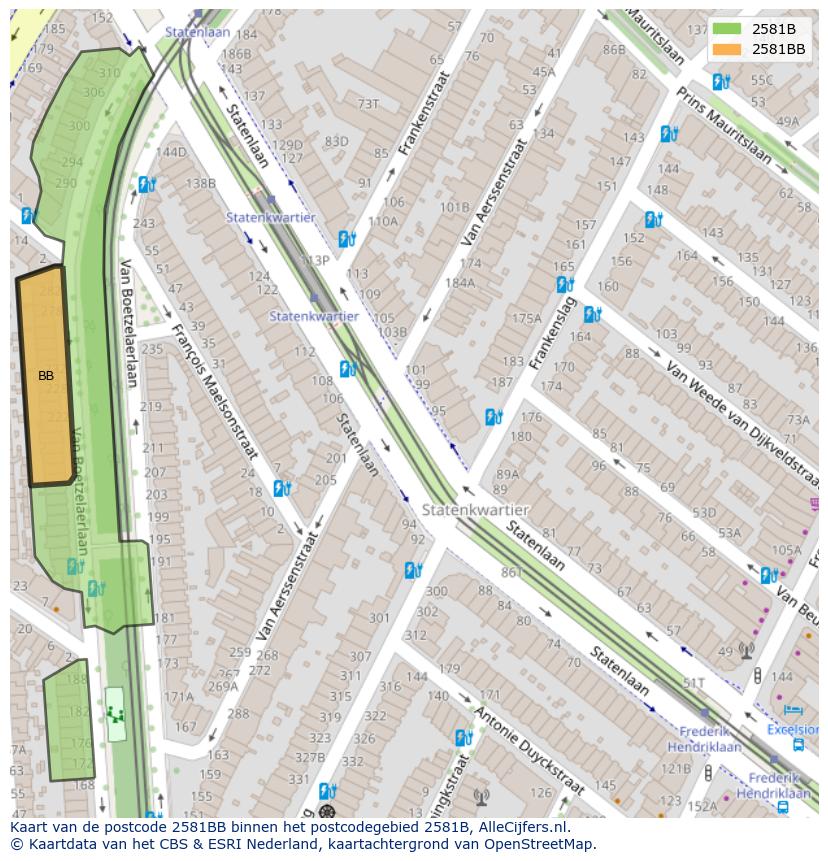 Afbeelding van het postcodegebied 2581 BB op de kaart.