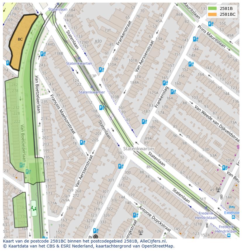 Afbeelding van het postcodegebied 2581 BC op de kaart.