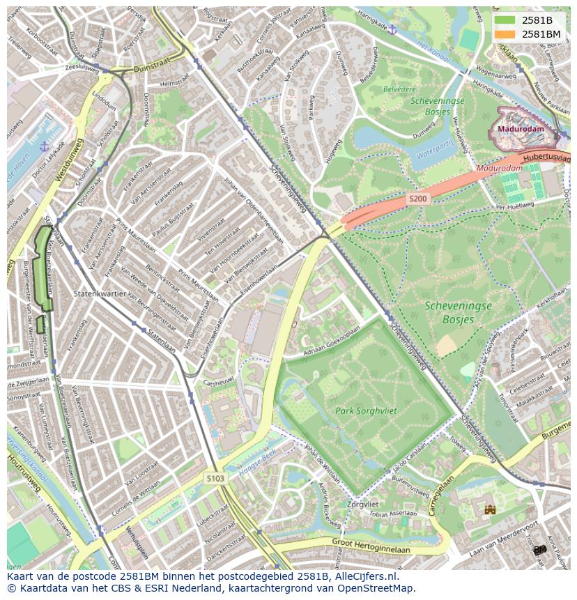 Afbeelding van het postcodegebied 2581 BM op de kaart.