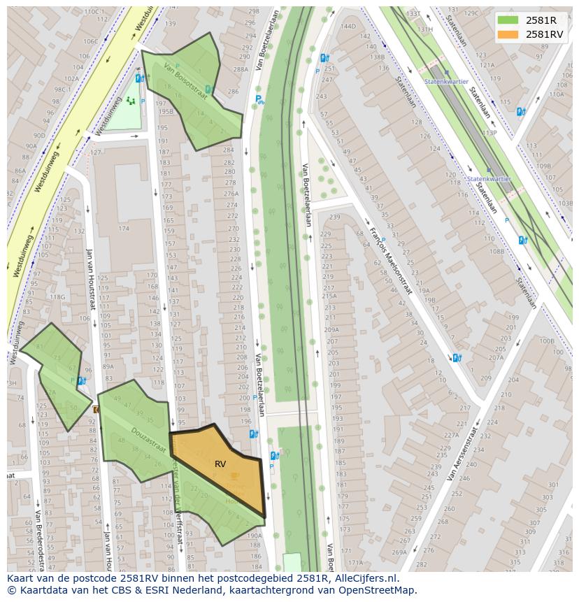 Afbeelding van het postcodegebied 2581 RV op de kaart.