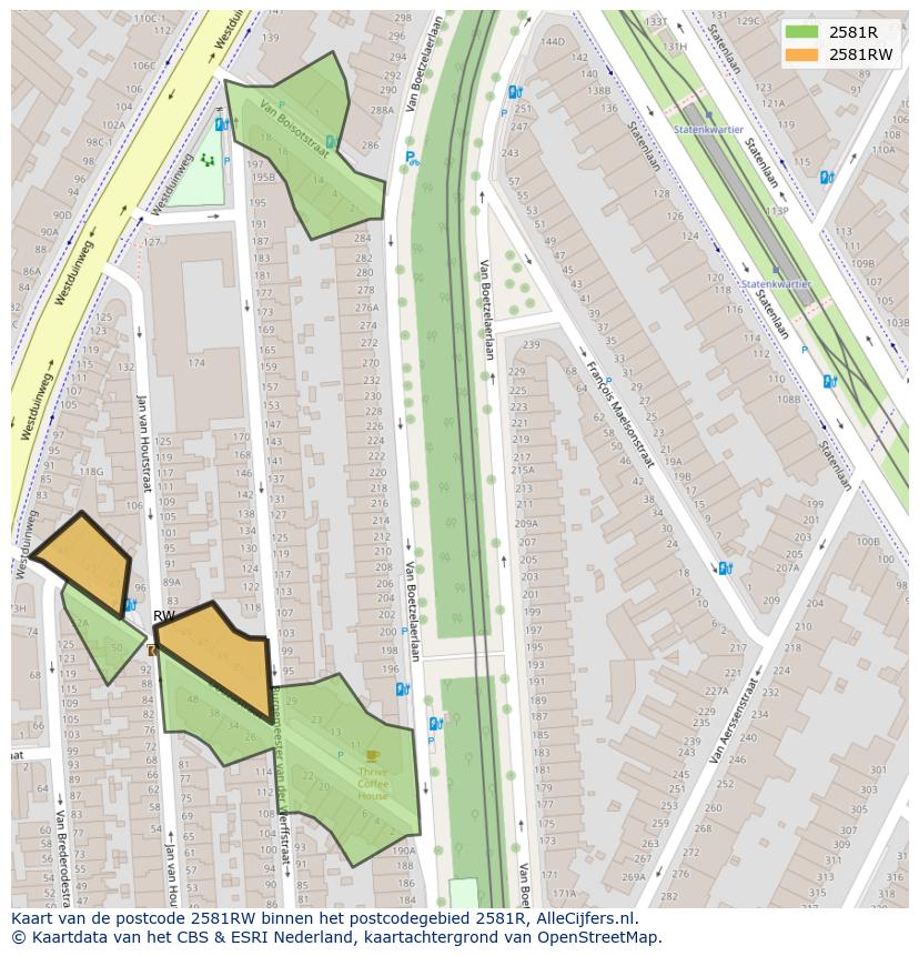 Afbeelding van het postcodegebied 2581 RW op de kaart.