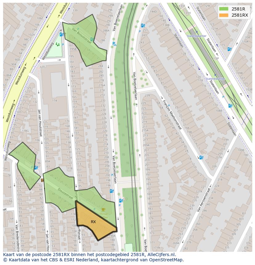 Afbeelding van het postcodegebied 2581 RX op de kaart.