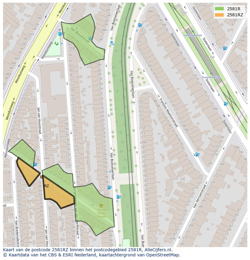 Afbeelding van het postcodegebied 2581 RZ op de kaart.