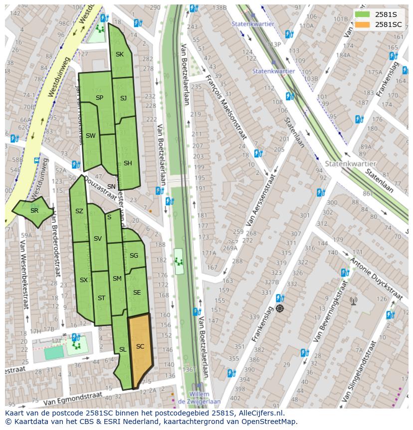 Afbeelding van het postcodegebied 2581 SC op de kaart.