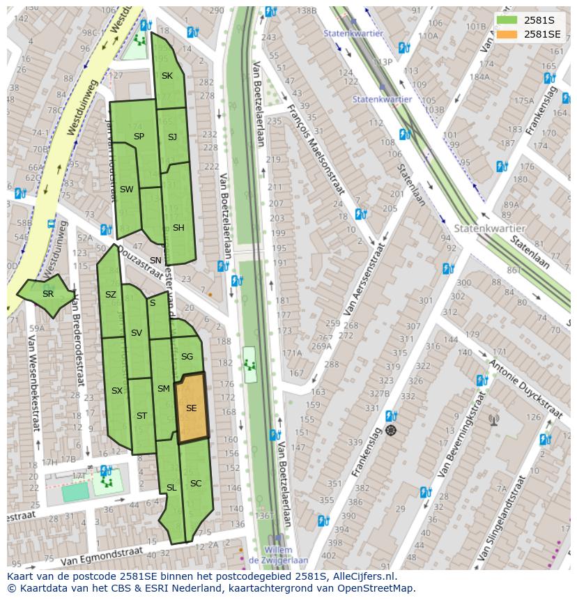 Afbeelding van het postcodegebied 2581 SE op de kaart.