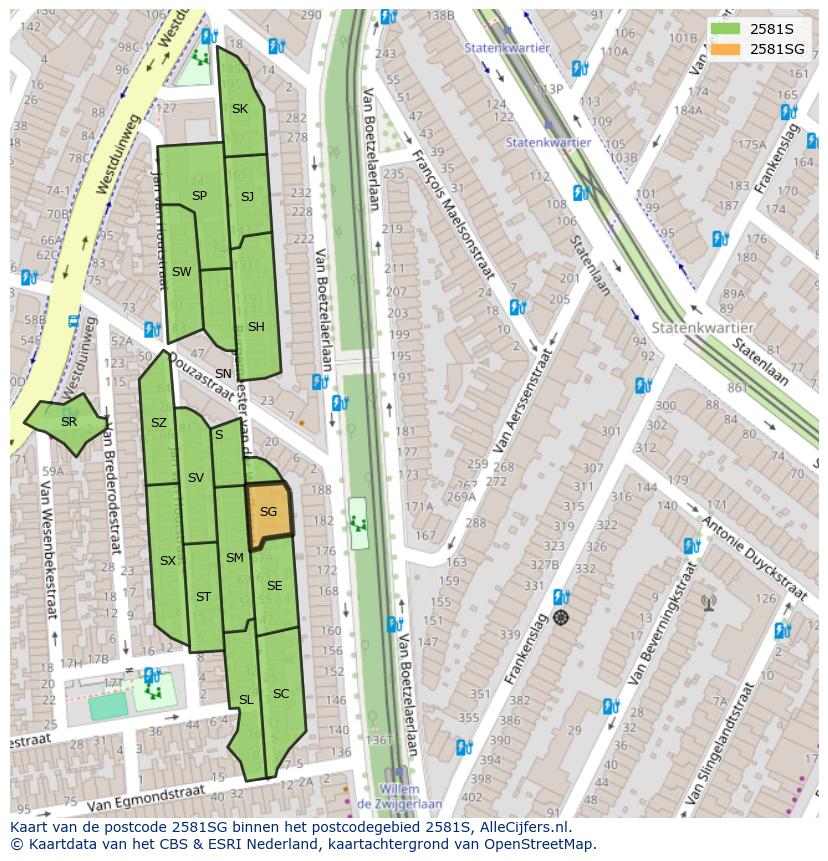 Afbeelding van het postcodegebied 2581 SG op de kaart.
