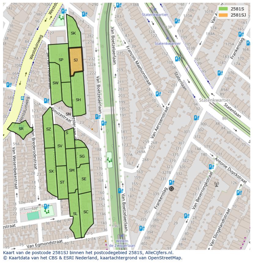 Afbeelding van het postcodegebied 2581 SJ op de kaart.