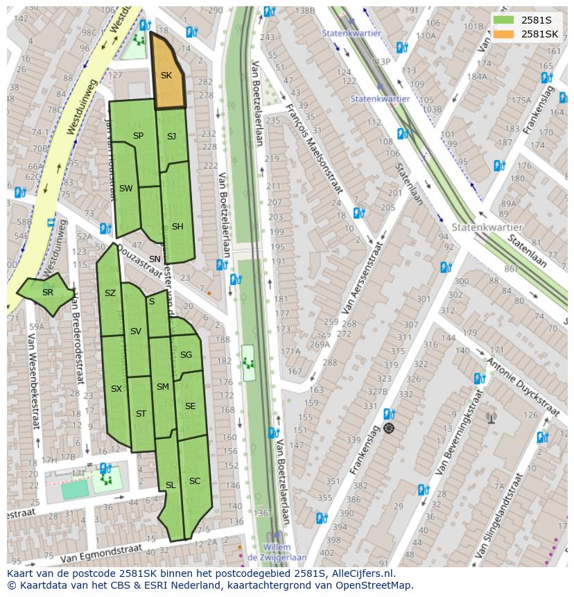 Afbeelding van het postcodegebied 2581 SK op de kaart.