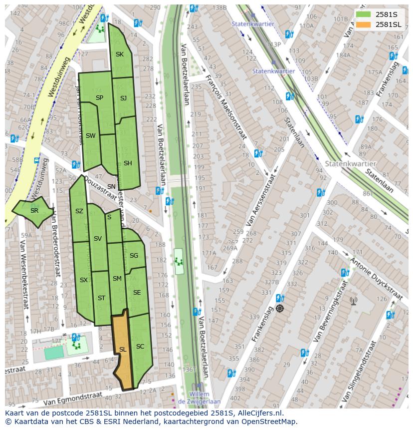 Afbeelding van het postcodegebied 2581 SL op de kaart.