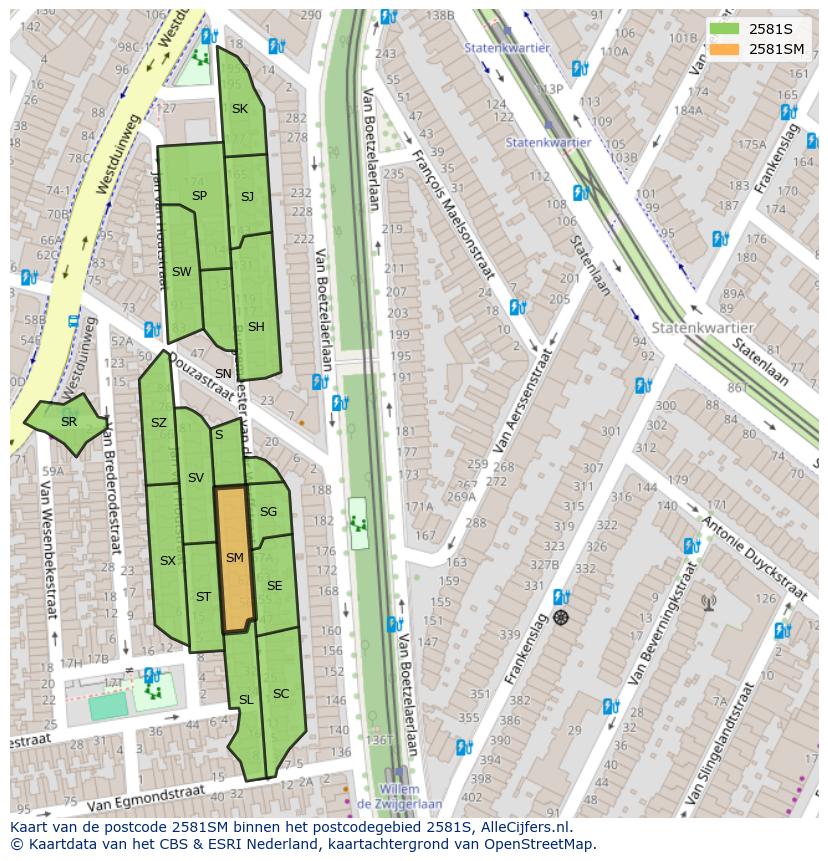 Afbeelding van het postcodegebied 2581 SM op de kaart.