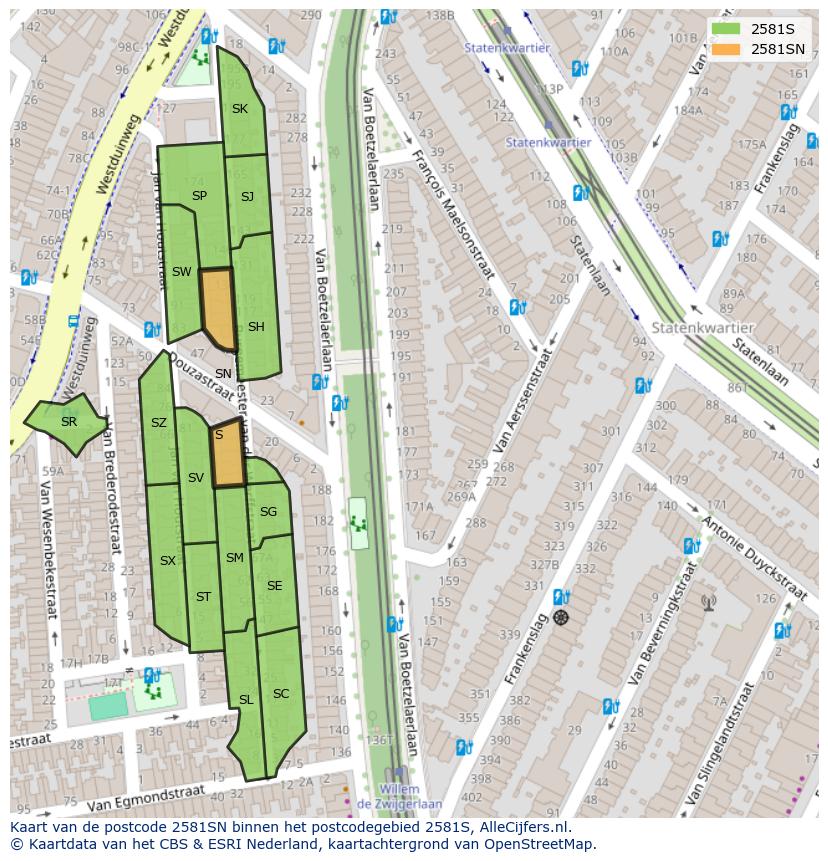 Afbeelding van het postcodegebied 2581 SN op de kaart.