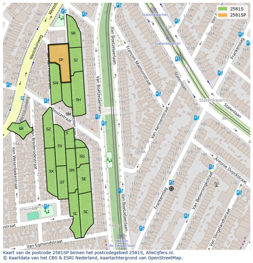 Afbeelding van het postcodegebied 2581 SP op de kaart.