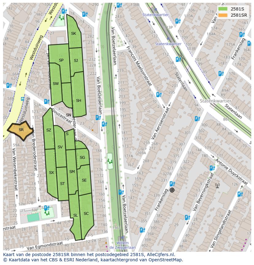Afbeelding van het postcodegebied 2581 SR op de kaart.