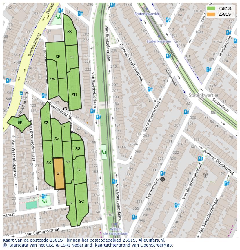Afbeelding van het postcodegebied 2581 ST op de kaart.
