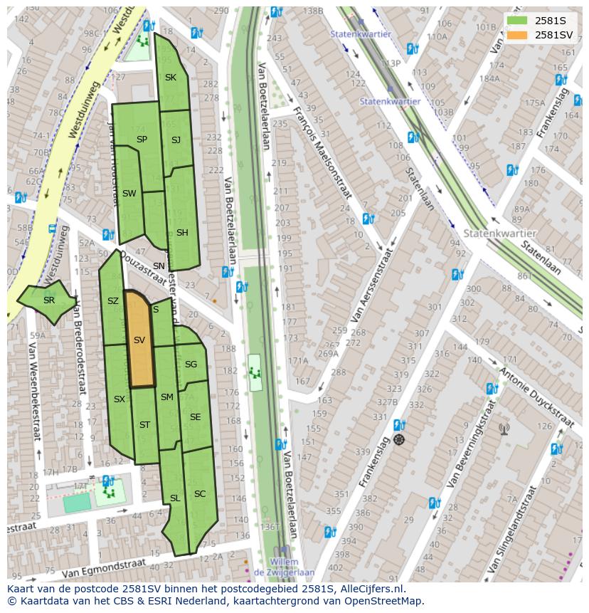 Afbeelding van het postcodegebied 2581 SV op de kaart.