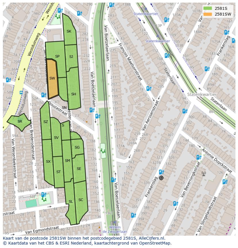 Afbeelding van het postcodegebied 2581 SW op de kaart.