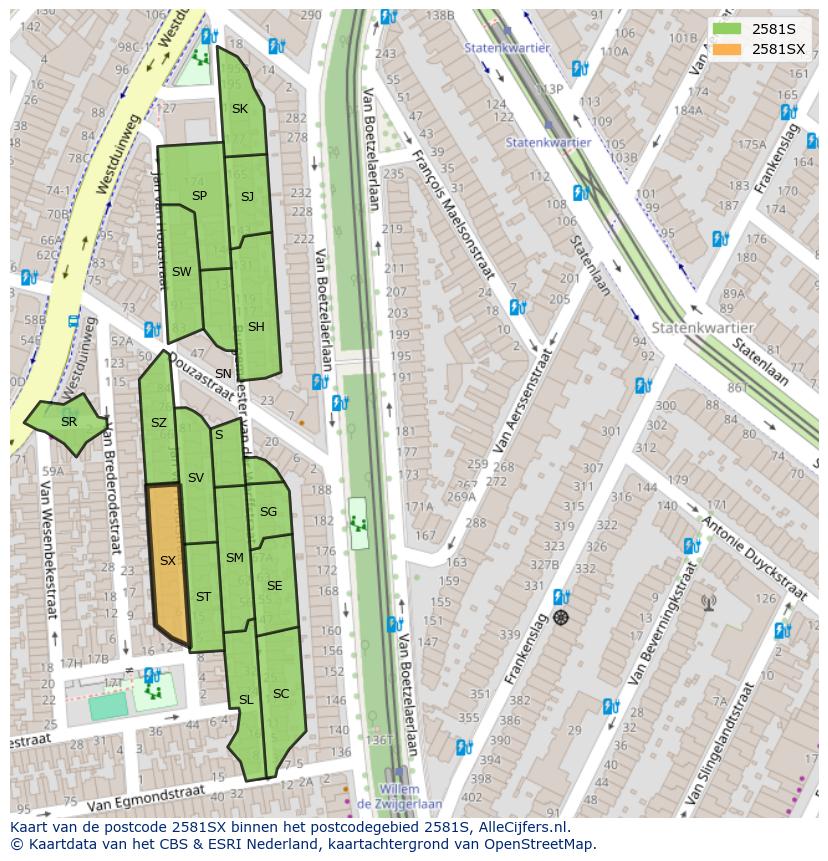 Afbeelding van het postcodegebied 2581 SX op de kaart.