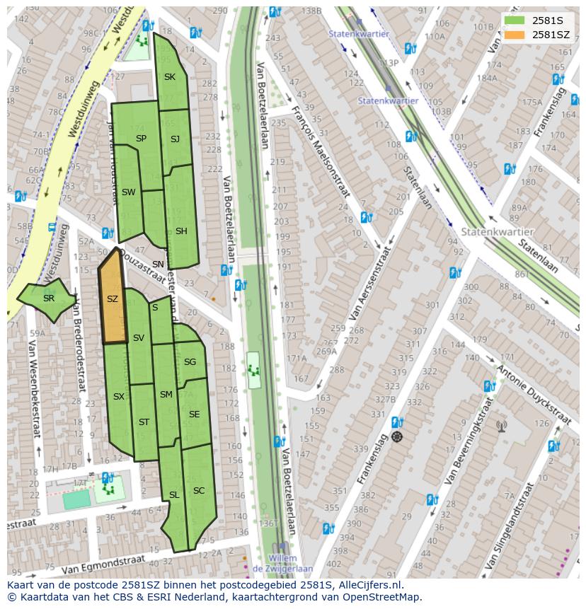 Afbeelding van het postcodegebied 2581 SZ op de kaart.