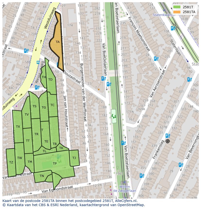 Afbeelding van het postcodegebied 2581 TA op de kaart.