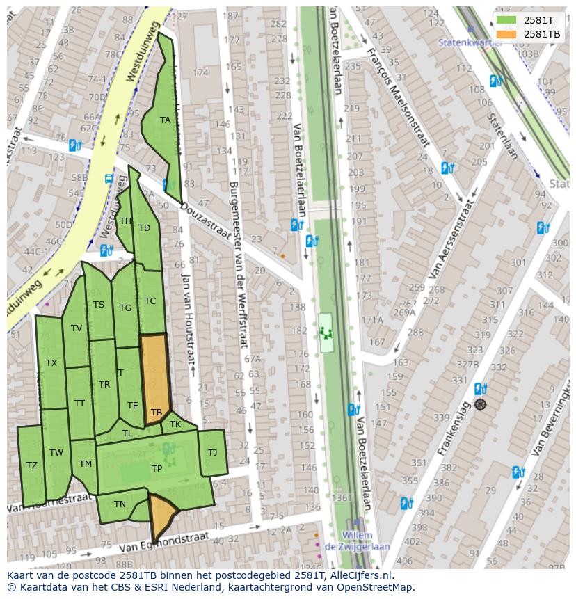 Afbeelding van het postcodegebied 2581 TB op de kaart.