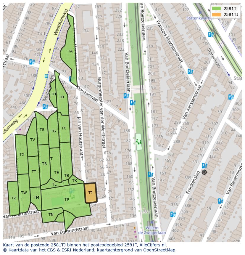 Afbeelding van het postcodegebied 2581 TJ op de kaart.