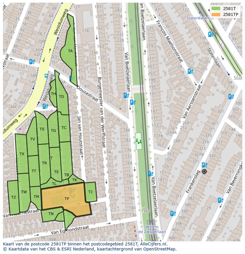 Afbeelding van het postcodegebied 2581 TP op de kaart.