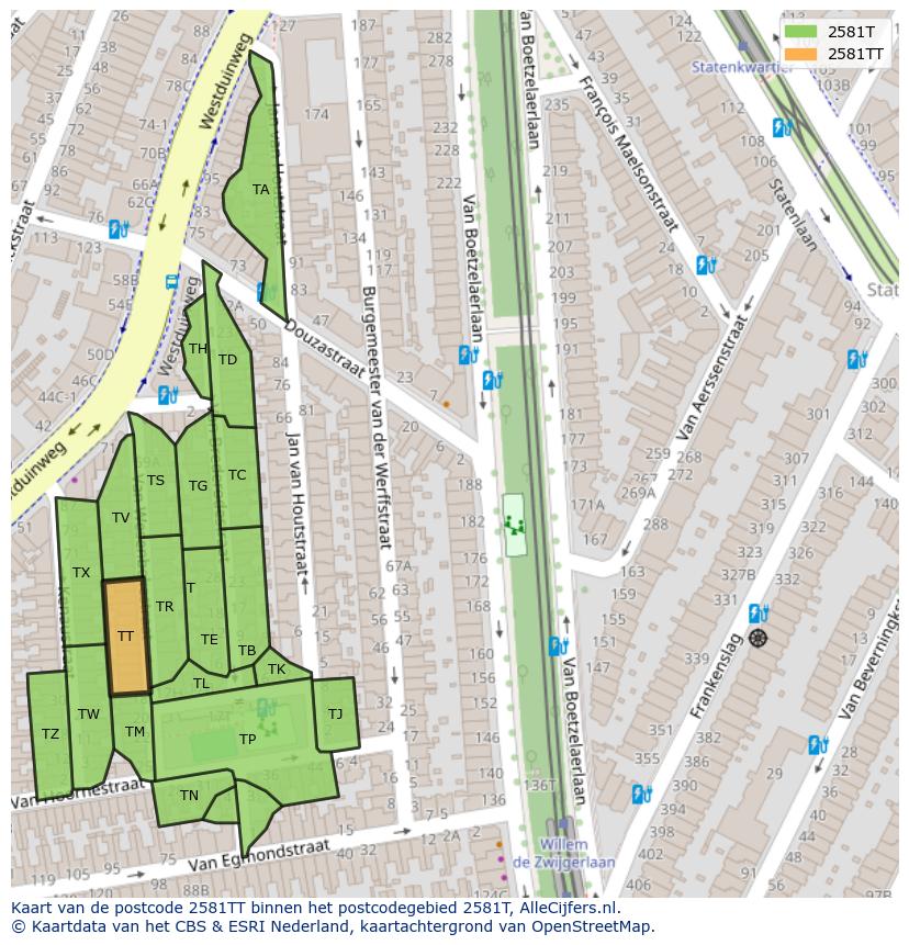 Afbeelding van het postcodegebied 2581 TT op de kaart.