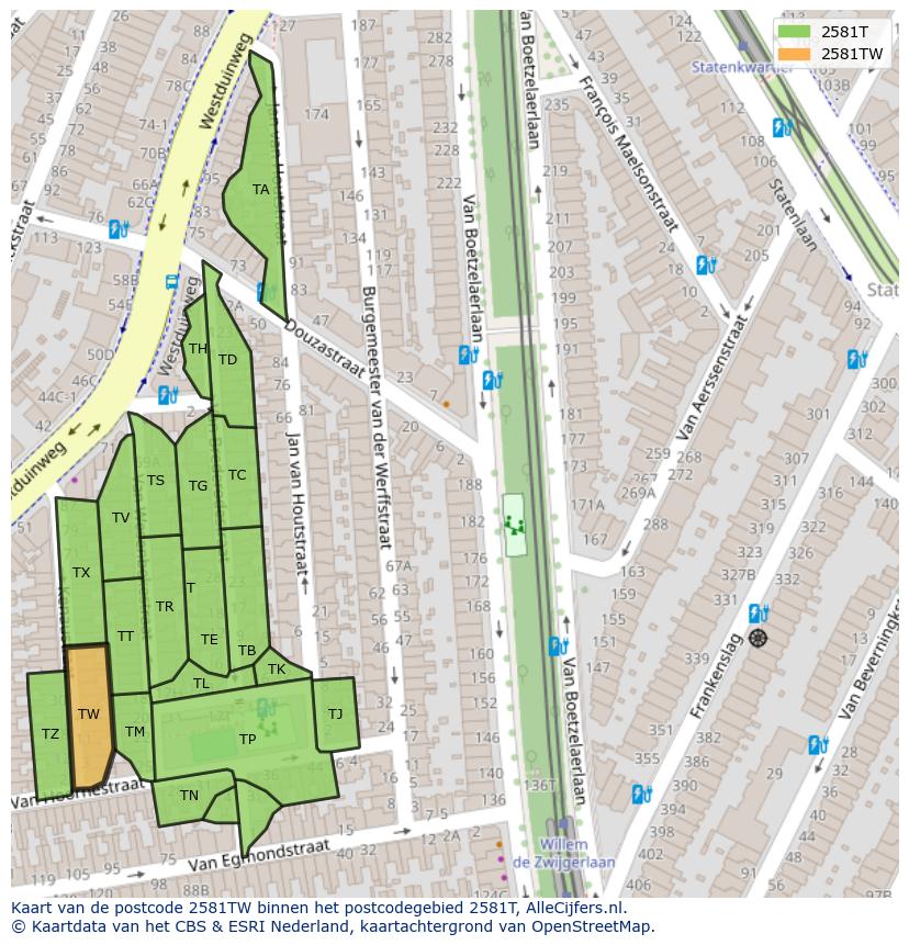 Afbeelding van het postcodegebied 2581 TW op de kaart.