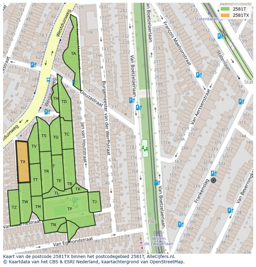 Afbeelding van het postcodegebied 2581 TX op de kaart.