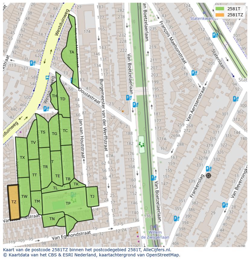 Afbeelding van het postcodegebied 2581 TZ op de kaart.