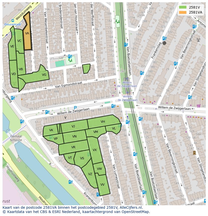 Afbeelding van het postcodegebied 2581 VA op de kaart.