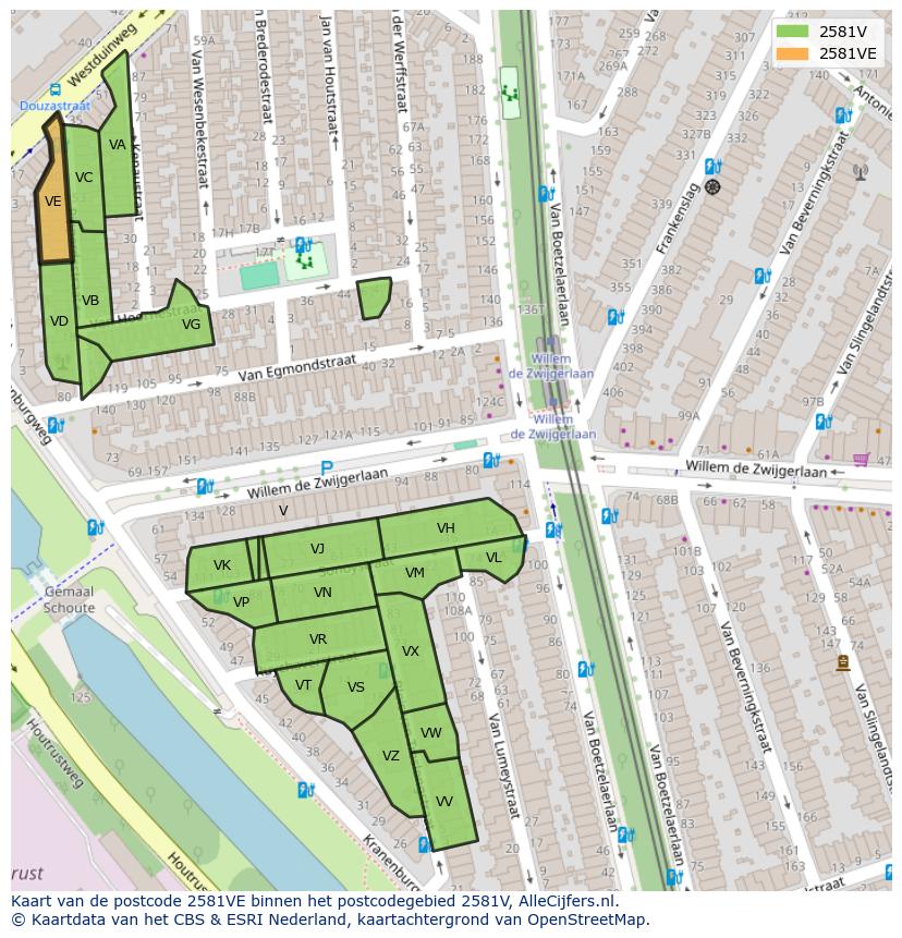 Afbeelding van het postcodegebied 2581 VE op de kaart.