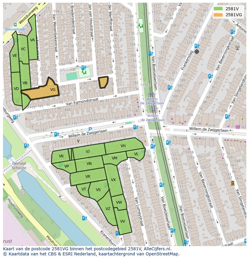 Afbeelding van het postcodegebied 2581 VG op de kaart.
