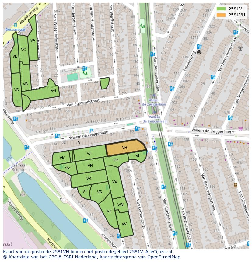 Afbeelding van het postcodegebied 2581 VH op de kaart.