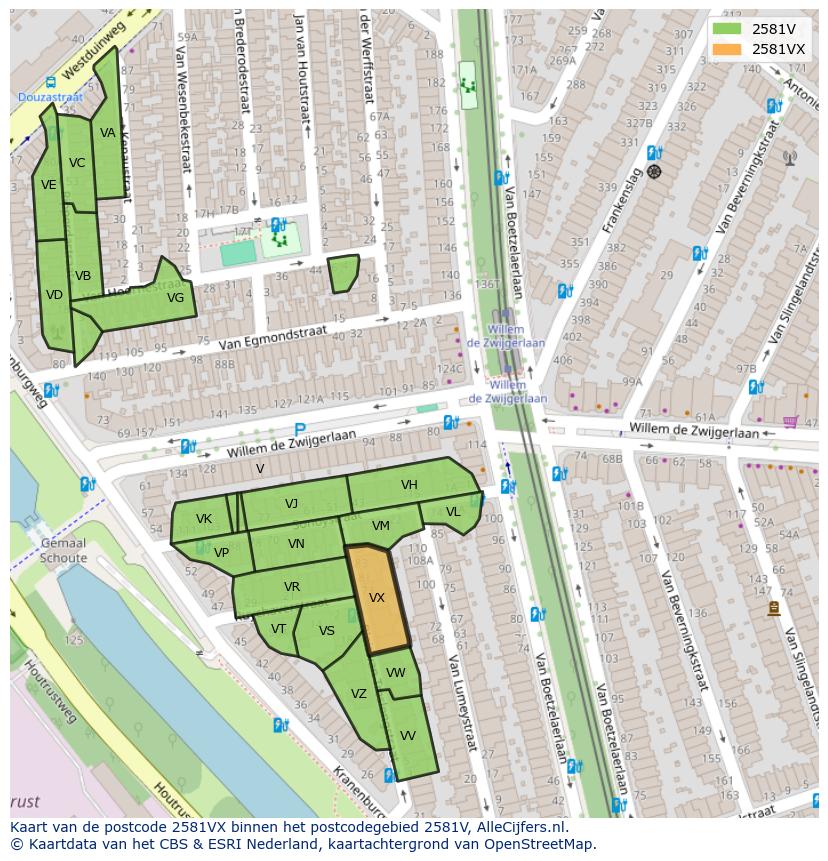Afbeelding van het postcodegebied 2581 VX op de kaart.