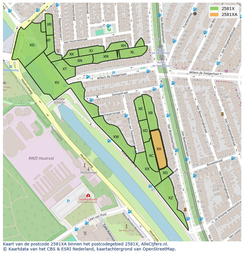 Afbeelding van het postcodegebied 2581 XA op de kaart.