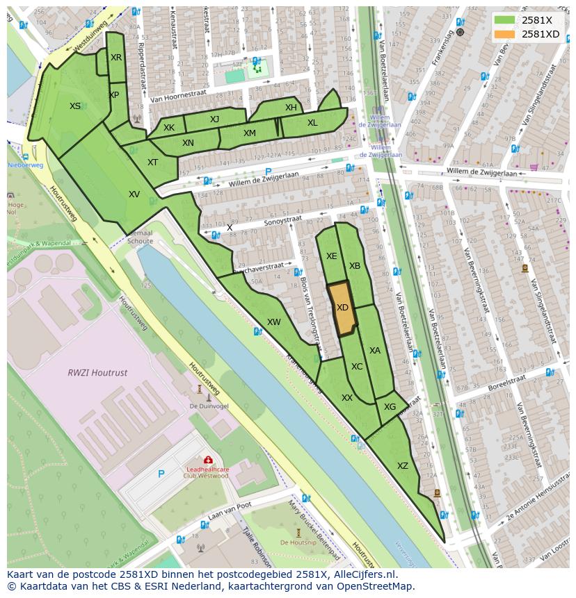 Afbeelding van het postcodegebied 2581 XD op de kaart.