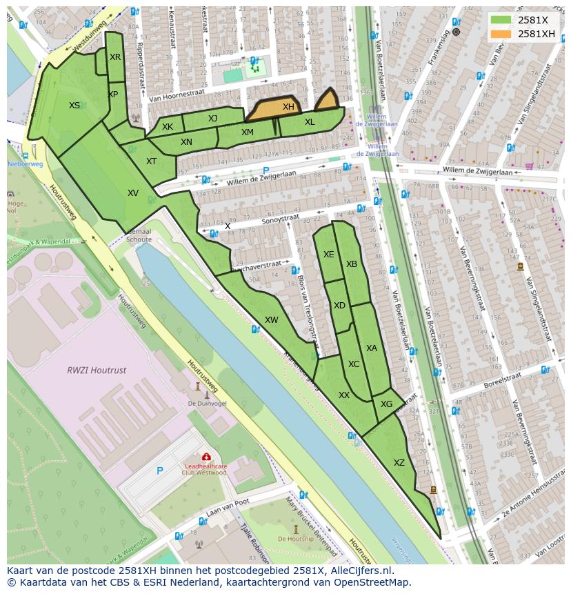 Afbeelding van het postcodegebied 2581 XH op de kaart.