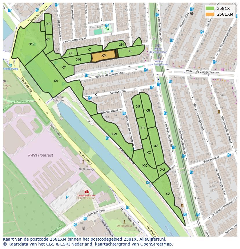 Afbeelding van het postcodegebied 2581 XM op de kaart.