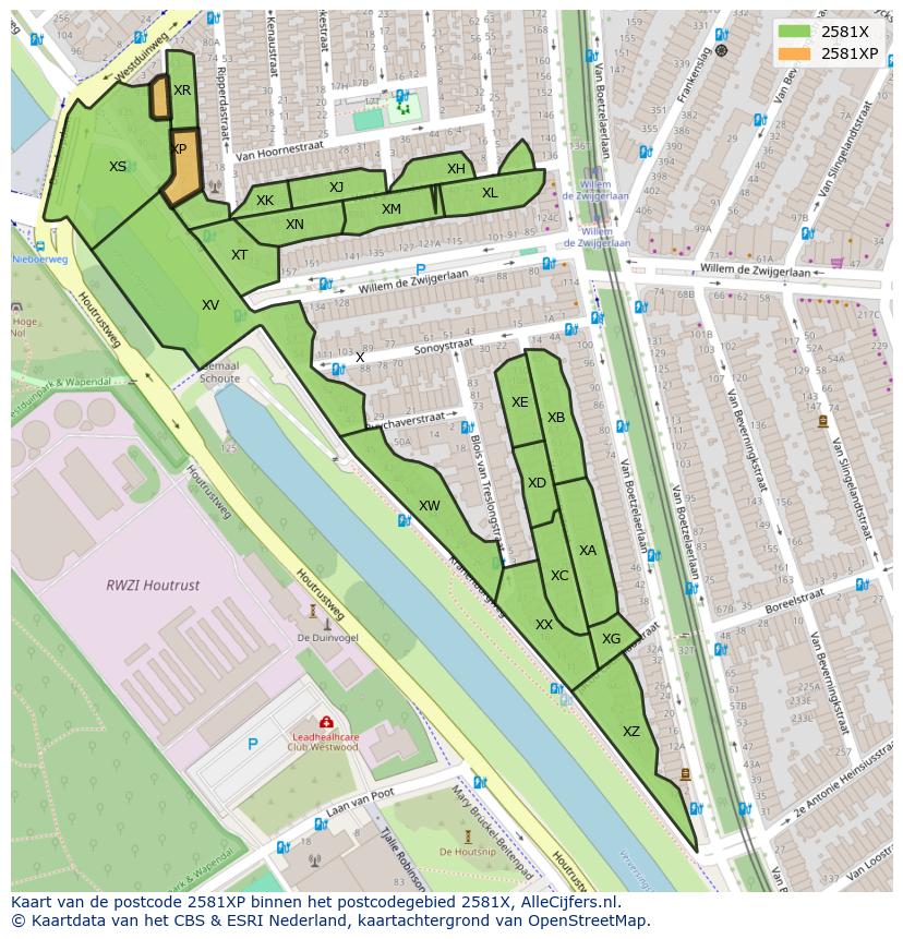 Afbeelding van het postcodegebied 2581 XP op de kaart.