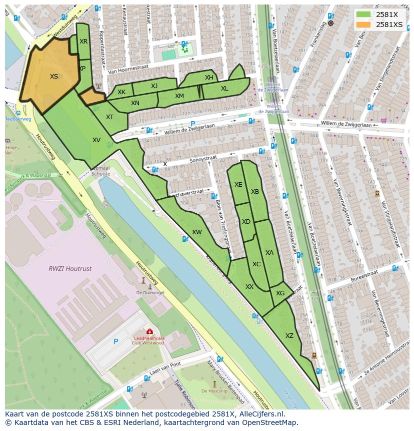 Afbeelding van het postcodegebied 2581 XS op de kaart.