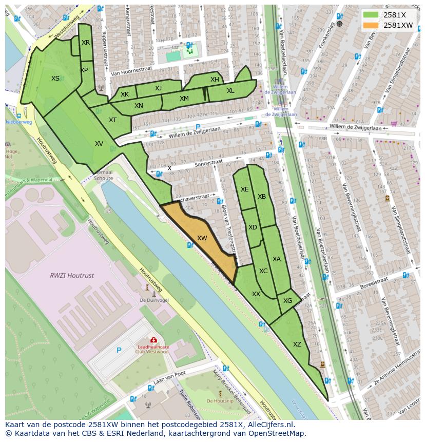 Afbeelding van het postcodegebied 2581 XW op de kaart.