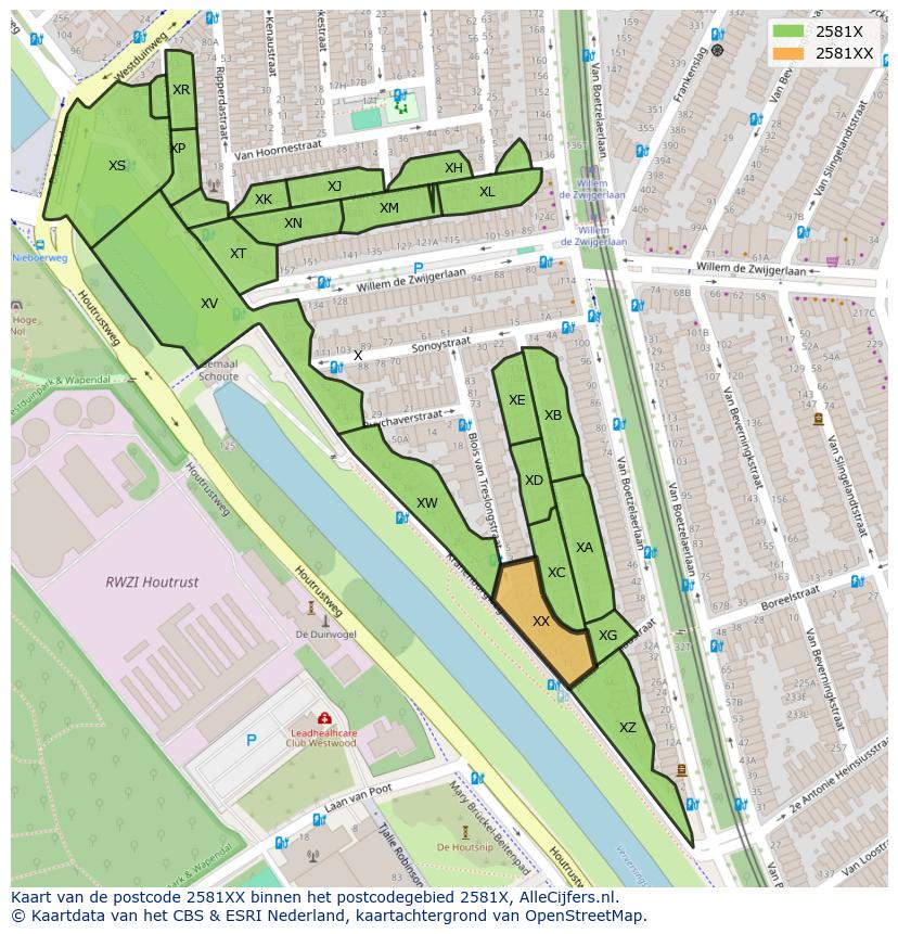 Afbeelding van het postcodegebied 2581 XX op de kaart.